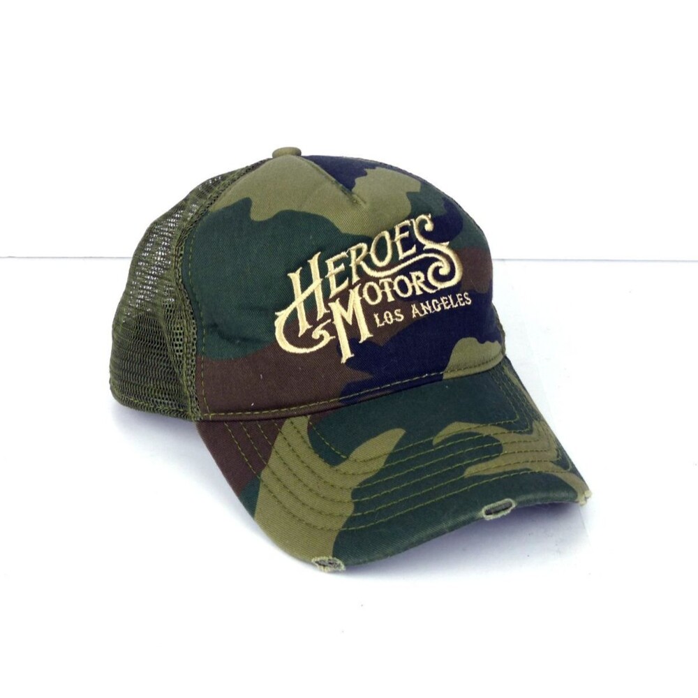 Heroes Motors Los Angeles Army Camo Trucker Hat Snapback Distressed Cap OS Biker
